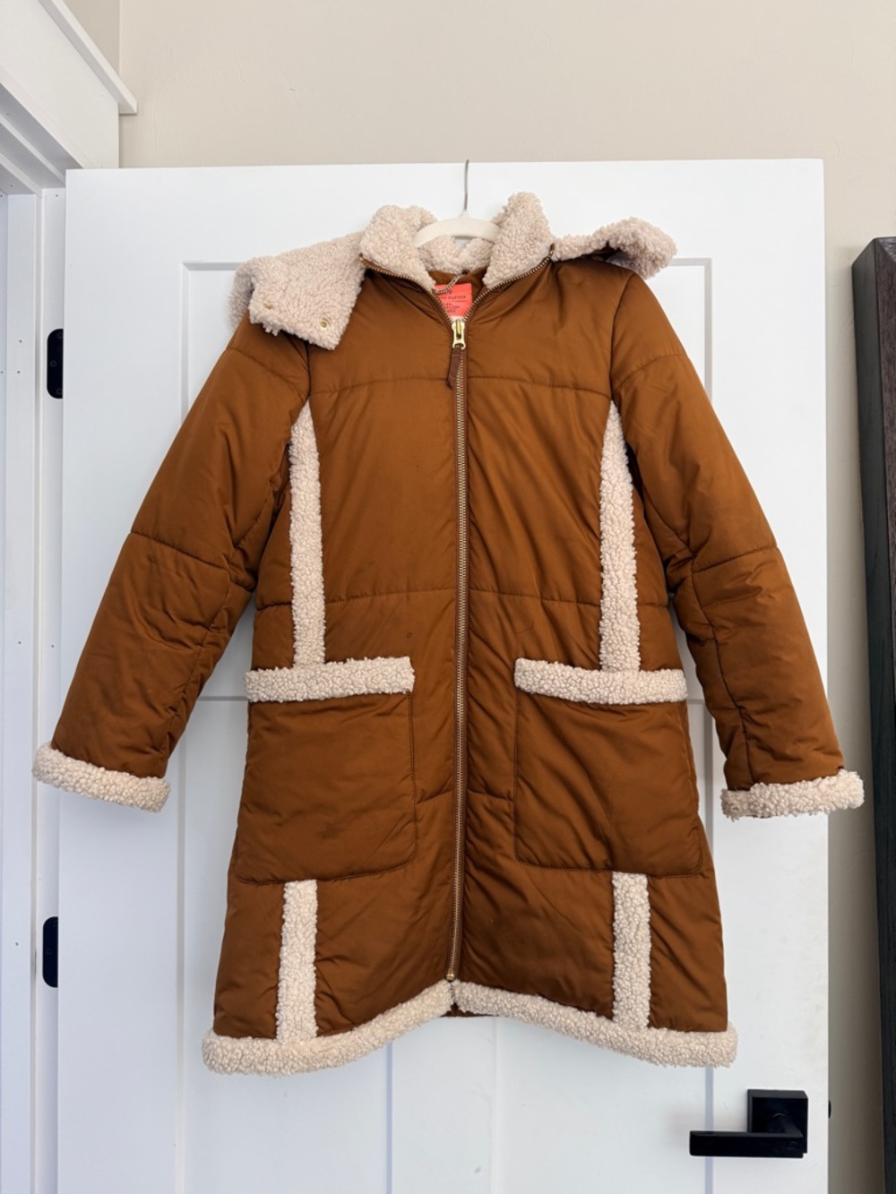 J. Crew Puffer Coat with Cream Sherpa Trim - Rust Brown